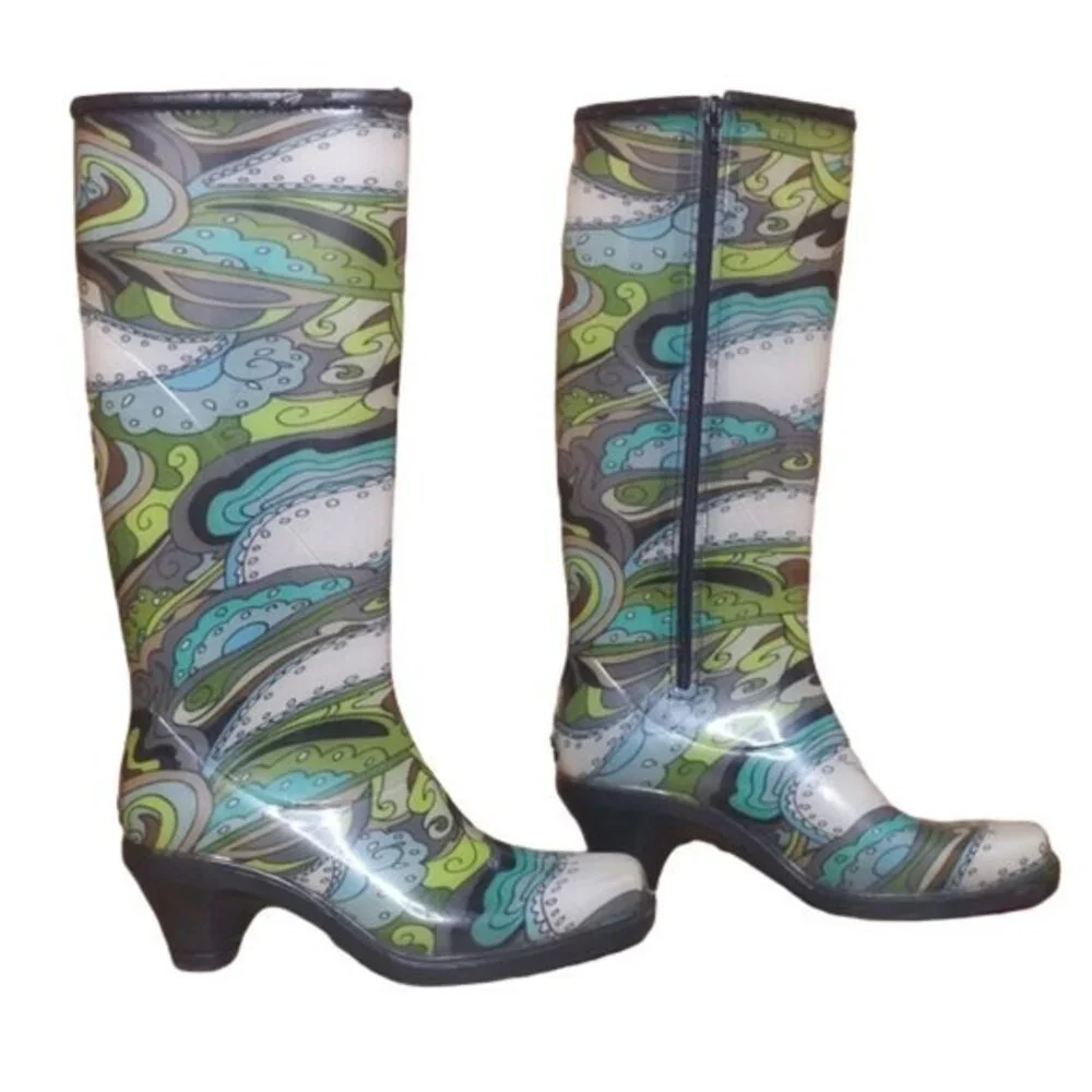 Dav Green and Blue Paisley Print Rain Boots Womens Size Large  8-9